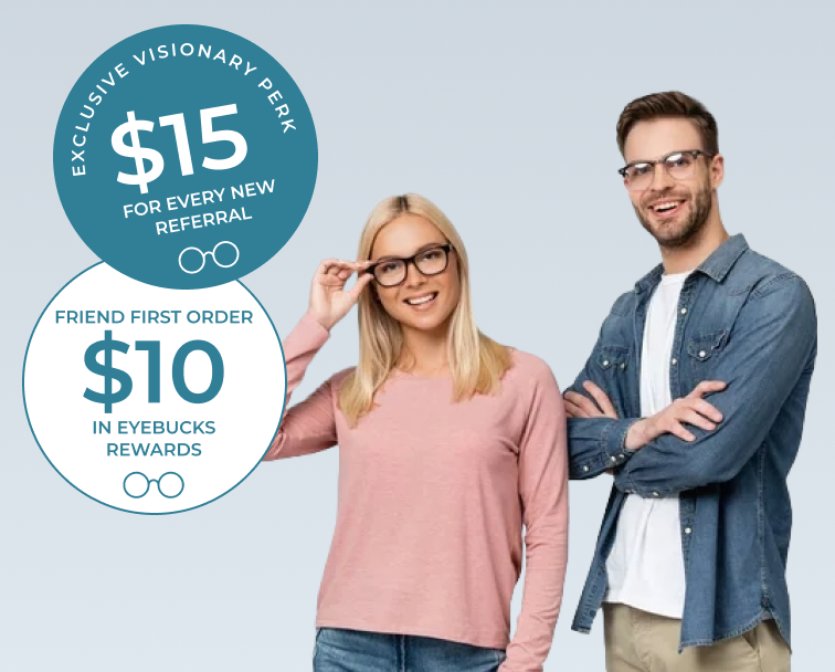 Two people standing together, near a sign that says '$15 for each new referral' and other that says '$10 in Eyebucks rewards on your friend first order'.