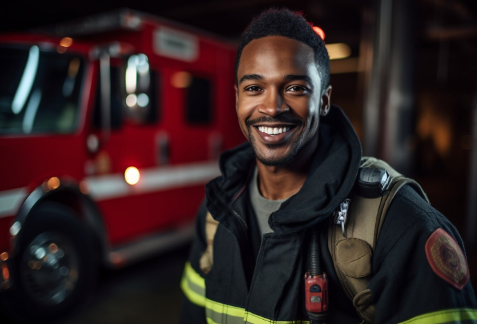 A smiling man in a fireman uniform, ready to tackle any emergency with confidence and determination.