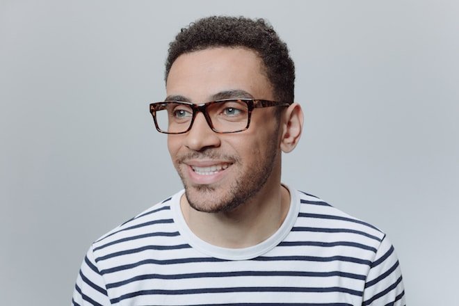 Second model wearing Vail frames